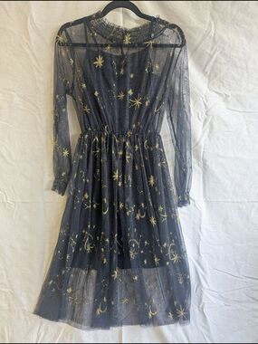 YouMu Sheer Navy Tulle Dress with Gold Celestial Embroidery